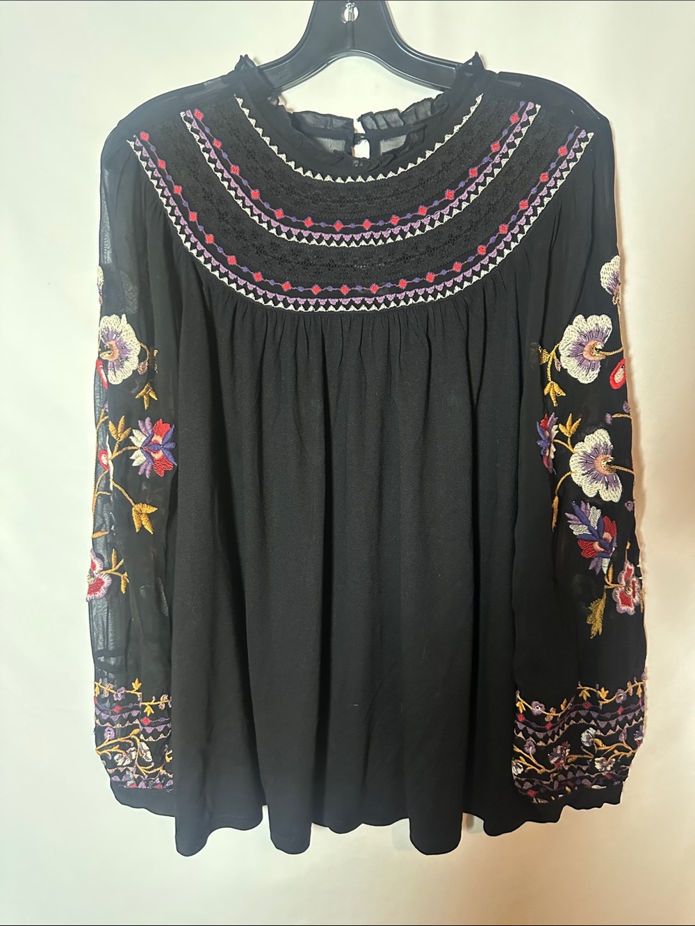 Anthropologie Black Peasant Tunic with Multicolor Floral Embroidery